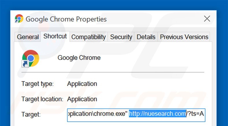 Removendo nuesearch.com do atalho do Google Chrome passo 2