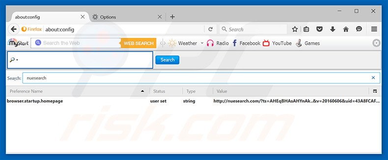 Removendo a página inicial nuesearch.com e motor de busca padrão do Mozilla Firefox