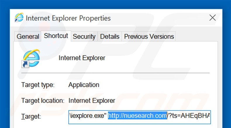 Removendo nuesearch.com do atalho do Internet Explorer passo 2