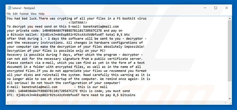 !SATANA! Ficheiro de texto ransomware