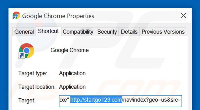 Removendo startgo123.com do atalho do Google Chrome passo 2