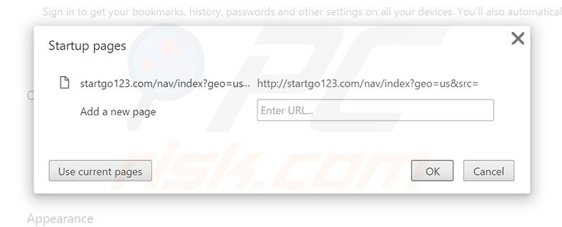 Removendo startgo123.com da página inicial do Google Chrome