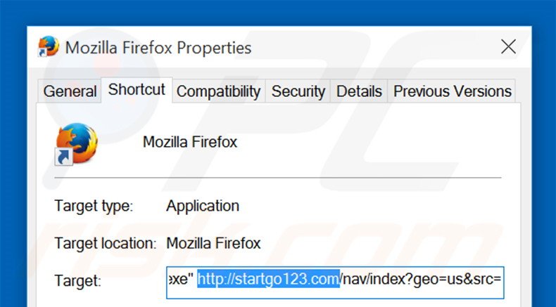 Removendo startgo123.com do atalho do Mozilla Firefox passo 2