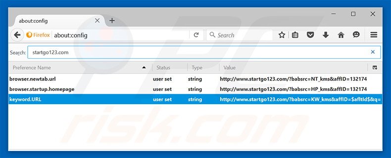 Removendo o motor de busca inicial startgo123.com do Mozilla Firefox