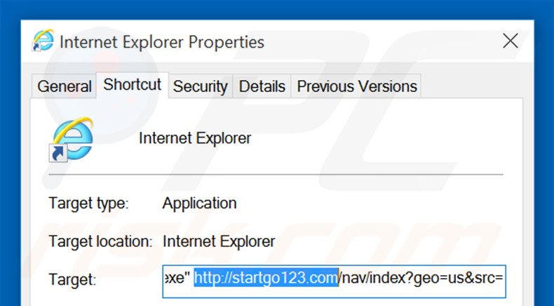 Removendo startgo123.com do atalho do Internet Explorer passo 2