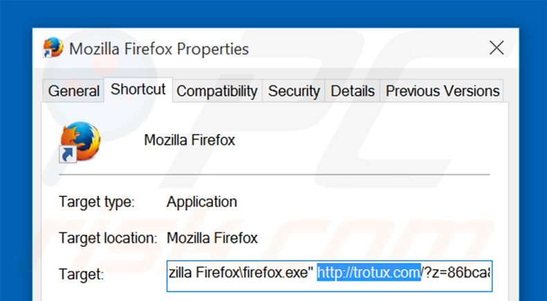 Removendo trotux.com do atalho do Mozilla Firefox passo 2