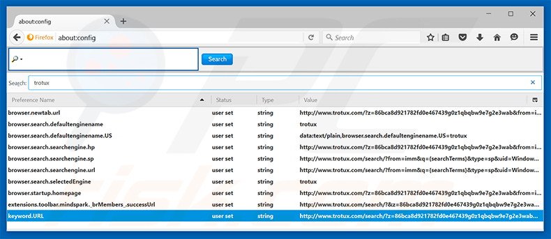 Removendo a página inicial trotux.com e motor de busca padrão do Mozilla Firefox
