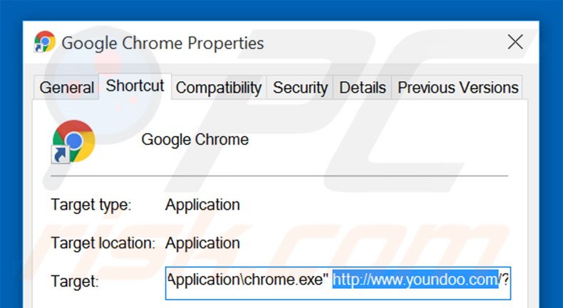 Removendo youndoo.com do atalho do Google Chrome passo 2