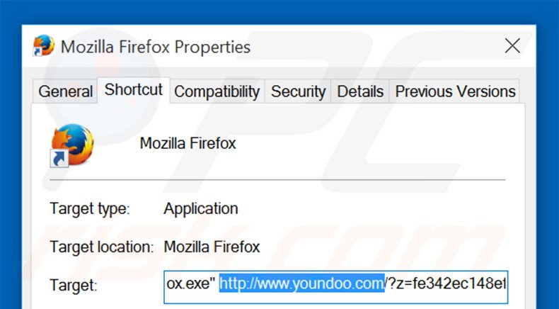 Removendo youndoo.com do atalho do Mozilla Firefox passo 2