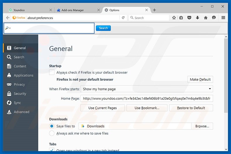 Removendo a página inicial youndoo.com do Mozilla Firefox