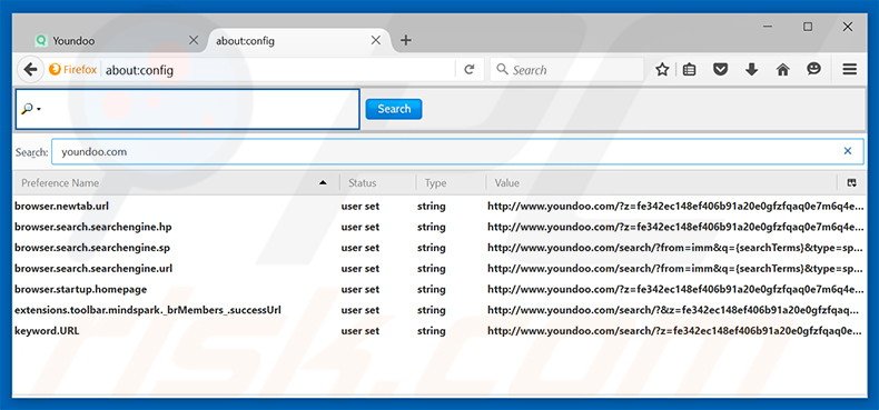 Removendo a página inicial youndoo.com e motor de busca padrão do Mozilla Firefox