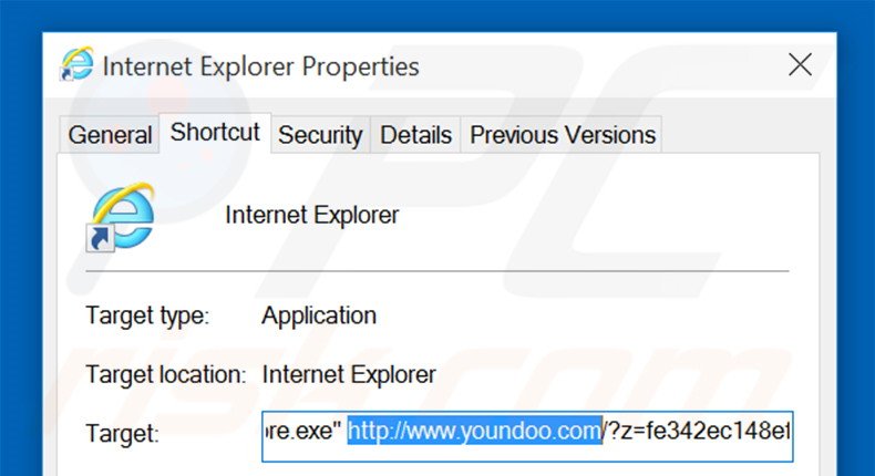 Removendo youndoo.com do atalho do Internet Explorer passo 2
