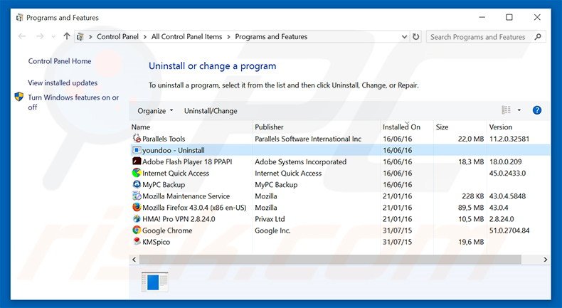 desinstalar o sequestrador de navegador youndoo.com via Painel de Controlo