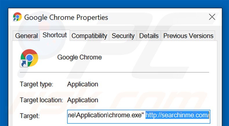 Removendo searchinme.com do atalho do Google Chrome passo 2