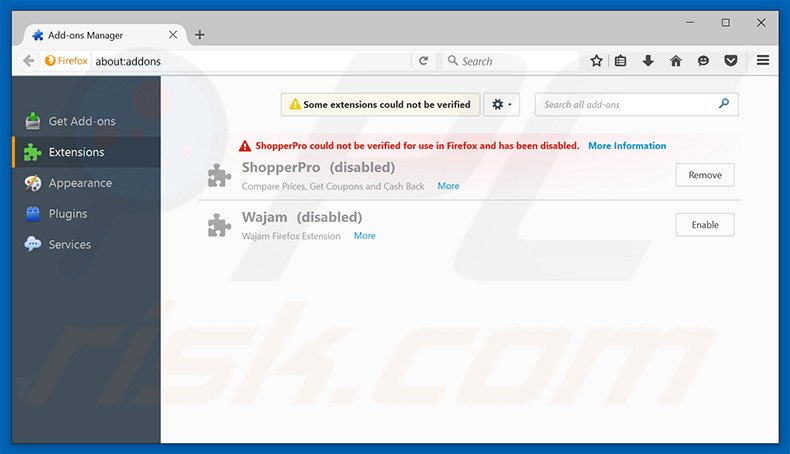 Remova as extensões relacionadas a searchinme.com do Mozilla Firefox