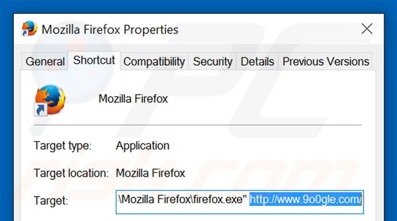 Removendo 9o0gle.com do atalho do Mozilla Firefox passo 2