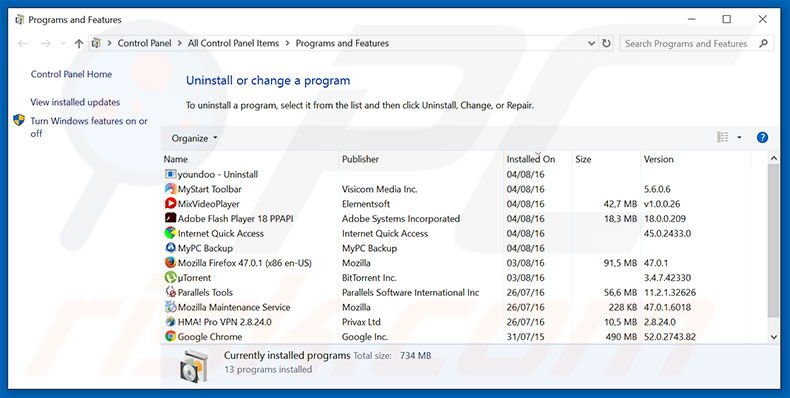 desinstalar o sequestrador de navegador 9o0gle.com via Painel de Controlo