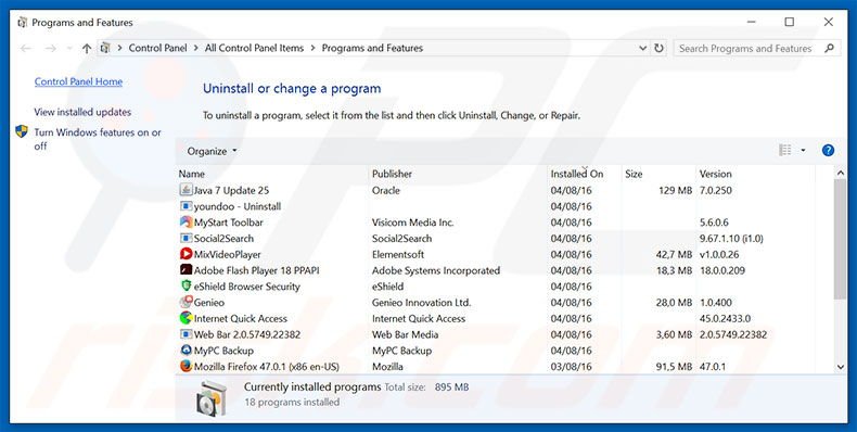 Desinstalar o adware BLOCK due to Suspicious Activities via Painel de controlo