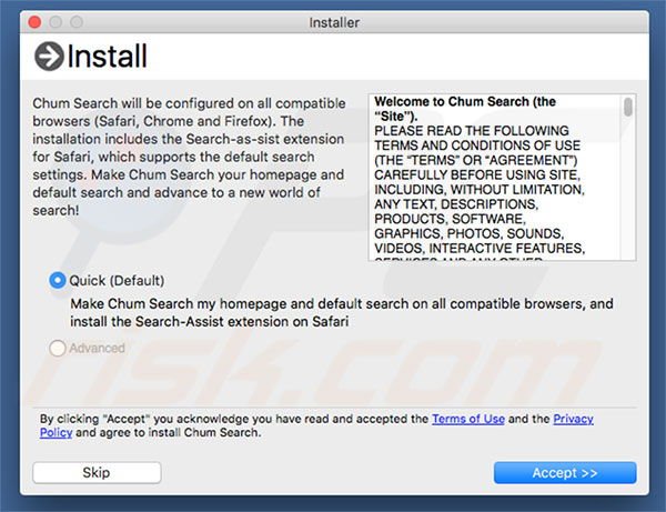 Instalador fraudulento usado para promover chumsearch.com