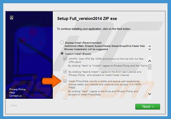 Instalador fraudulento usado para promover o adware ProxyGate