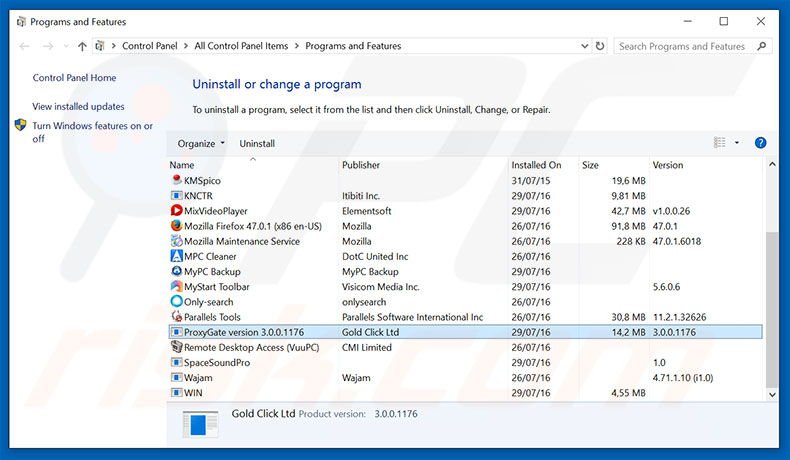 desinstalar o adware ProxyGate via Painel de Controlo