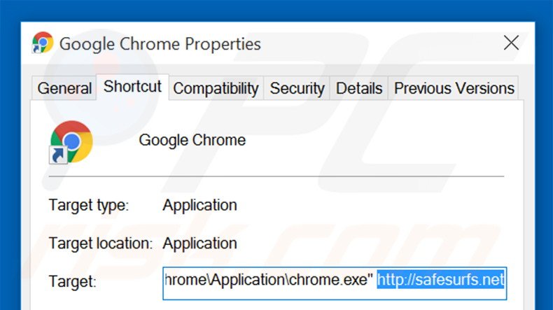 Removendo safesurfs.net do atalho do Google Chrome passo 2