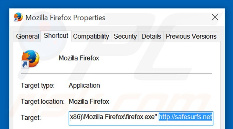 Removendo safesurfs.net do atalho do Mozilla Firefox passo 2