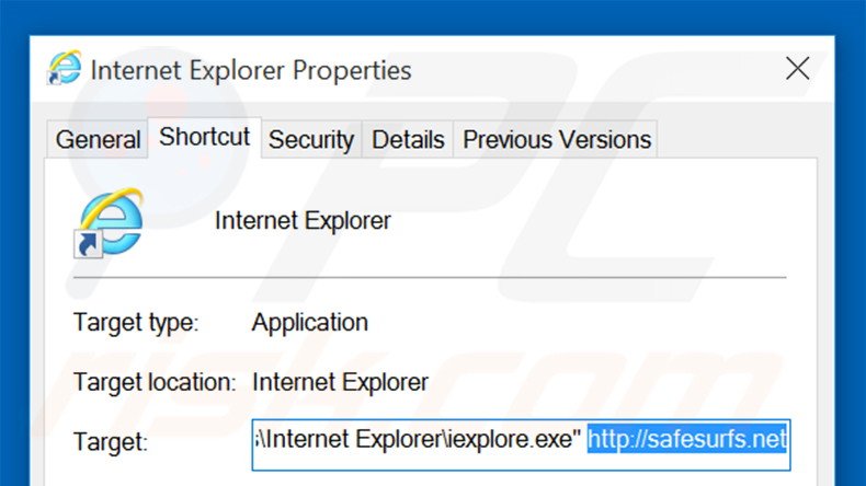 Removendo safesurfs.net do atalho do Internet Explorer passo 2