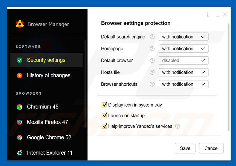 O Browser Manager promove o yandex.ru