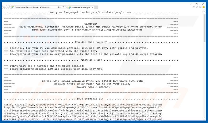 Ficheiro de texto ransomware Cry