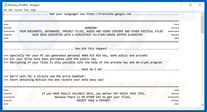 Ficheiro de texto ransomware Cry