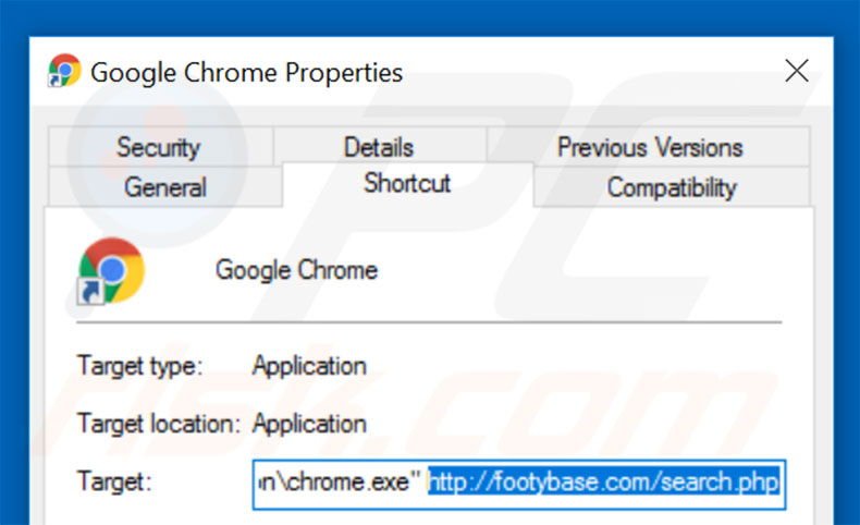 Removendo footybase.com do atalho do Google Chrome passo 2