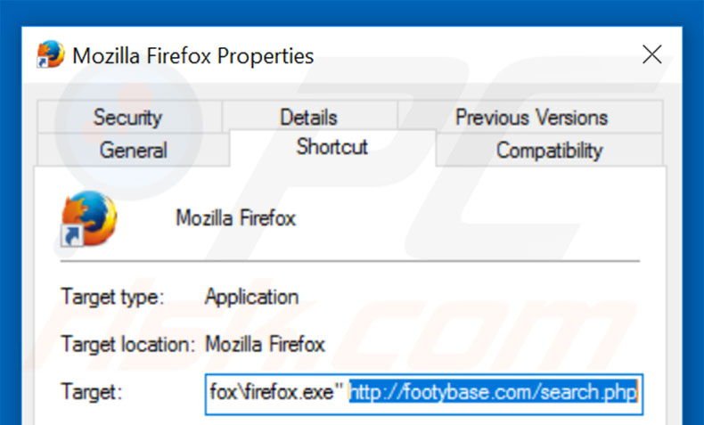 Removendo footybase.com do atalho do Mozilla Firefox passo 2