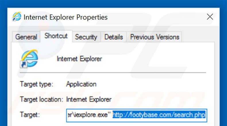 Removendo footybase.com do atalho do Internet Explorer passo 2