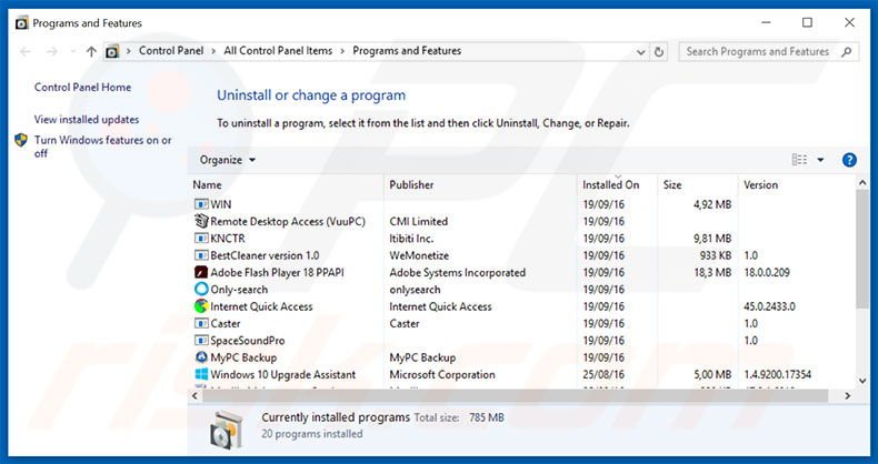 desinstalar o sequestrador de navegador footybase.com via Painel de Controlo