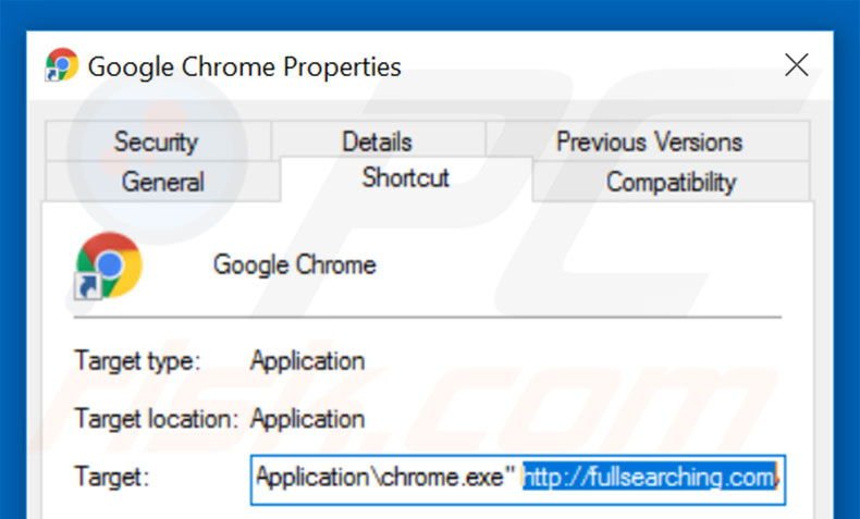 Removendo fullsearching.com do atalho do Google Chrome passo 2