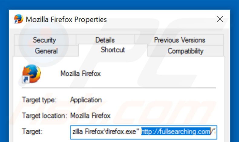 Removendo fullsearching.com do atalho do Mozilla Firefox passo 2