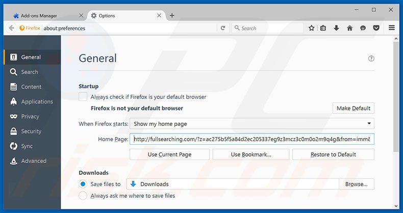 Removendo a página inicial fullsearching.com do Mozilla Firefox