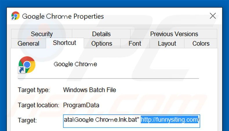 Removendo funnysiting.com do atalho do Google Chrome passo 2