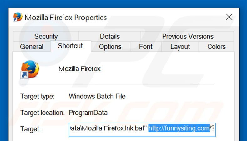 Removendo funnysiting.com do atalho do Mozilla Firefox passo 2