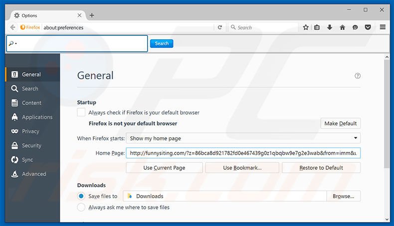 Removendo a página inicial funnysiting.com do Mozilla Firefox