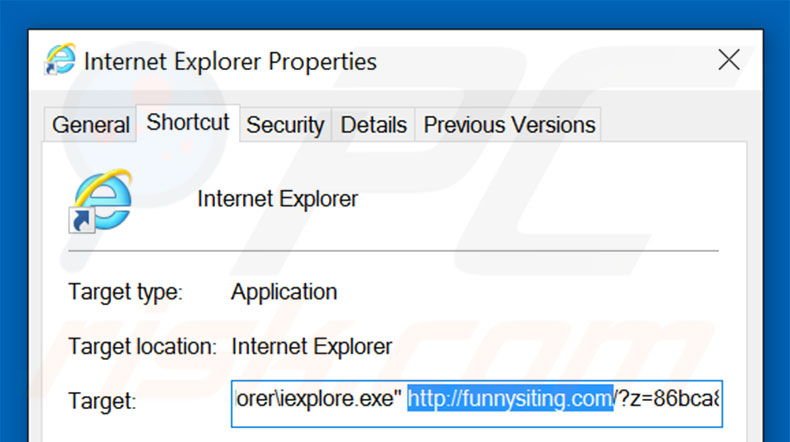 Removendo funnysiting.com do atalho do Internet Explorer passo 2