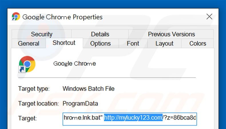 Removendo mylucky123.com do atalho do Google Chrome passo 2