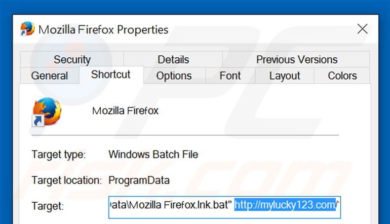 Removendo mylucky123.com do atalho do Mozilla Firefox passo 2