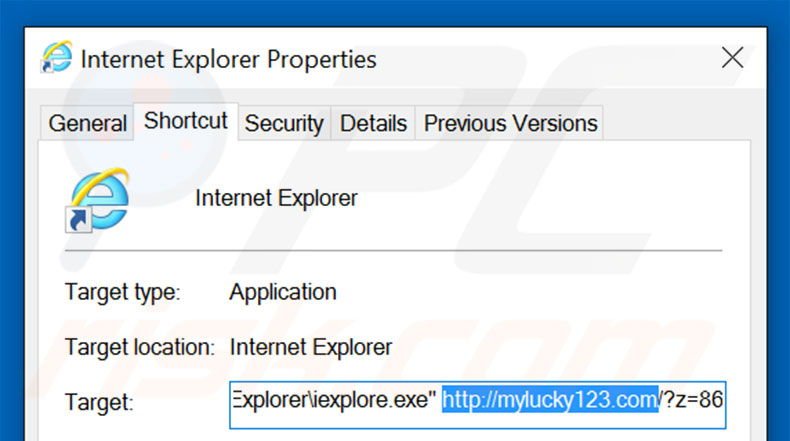 Removendo mylucky123.com do atalho do Internet Explorer passo 2