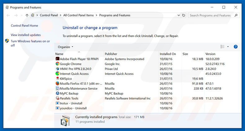 desinstalar o sequestrador de navegador mylucky123.com via Painel de Controlo