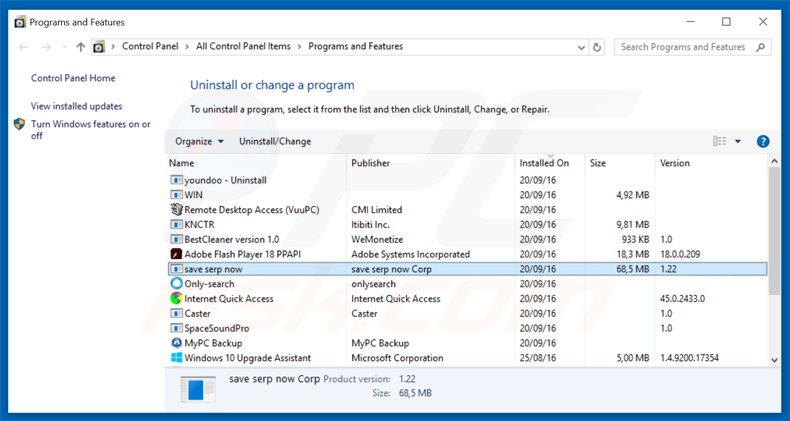 desinstalar o adware save serp now através do Painel de Controlo