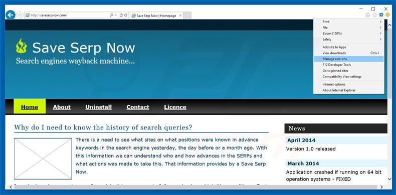 Removendo o adware save serp now do Internet Explorer passo 1