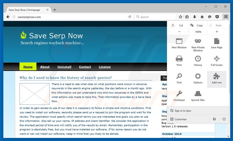 Removendo o adware save serp now do Mozilla Firefox passo 1