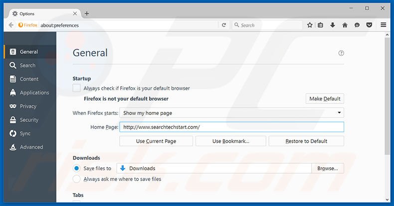 Removendo a página inicial searchtechstart.com do Mozilla Firefox